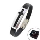 Pulseira de Couro Masculina Magnética Cruz Slim Vazada