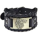 Pulseira de couro para homens Wolf Head Plate Wide Cuff Cowhide