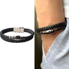 Pulseira De Couro Premium Basic Preta Casual Pingente Cruz