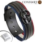 Pulseira de Couro Preto Ajustável Arcos Entrelaçados Argolas Artesanal