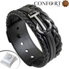 Pulseira de Couro Preto Âncora Grafite Proteção Artesanal Ajustável