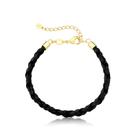 Pulseira de Couro Preto Trançado com Ponteiras Douradas