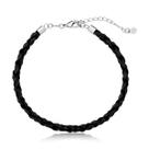 Pulseira de Couro Preto Trançado com Ponteiras Prateadas