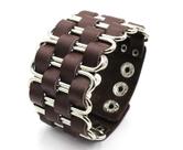 Pulseira de couro PU marrom com detalhes em anel de prata