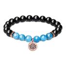 Pulseira de ônix preto e ágata azul com pingente de lótus unissex