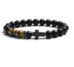 Pulseira de ônix preto fosco com contas de cruz e lápis-lazúli de 20 cm