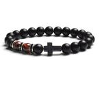 Pulseira de ônix preto fosco com miçangas vermelhas e cruz