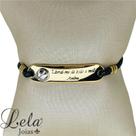 Pulseira em bijuteria couro com placa "livrai-me de todo mal, amém"