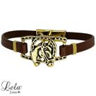 Pulseira em bijuteria couro marrom com fivela ferradura com cavalo
