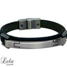 Pulseira em couro preto com chapa escovada prateada