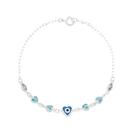 Pulseira feminina coração olho grego, zircônias azul claro e cristal 19cm Prata 925