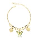 Pulseira Feminina Delicada Banhada em Ouro 18k - Corações e Borboleta com Cristais Verdes