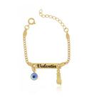 Pulseira Infantil Chapa Figa e Olho Grego com Nome Banho Ouro
