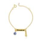 Pulseira Infantil RN com Nome Figa e Olho Grego Banho de Ouro