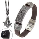 Pulseira maçonaria + Colar Maçom Kit 2 Peças Couro Legítimo Metal Inox Pulseira maçonaria + Colar Maçom Kit 2 Peças Couro Legítimo Metal Inox