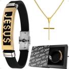 pulseira masculina aco jesus cristo + corrente cruz + caixa original religiosa qualidade premium social moda masculina