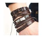 Pulseira Masculina Couro Marrom Trançado Jogo Com 5 Un B7001