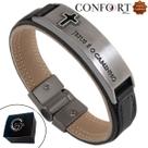 Pulseira Masculina Magnética Couro Preto Jesus É Caminho Grafite Proteção