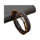 Pulseira Masculina Vintage Punk De Couro Com Pingente De Cruz E Contas De Pedra Olho De Tigre