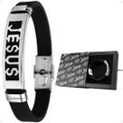 pulseira masculino aço inoxidavel prata placa jesus + caixa social silicone ajustavel catolico cristo casual presente