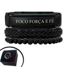 Pulseira Masculino Kit 03 FOCO, FORÇA E FÉ Preto
