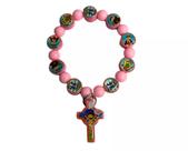 Pulseira miçanga Rosa Infantil Jesus na Cruz e Medalhas Pulseira miçanga Rosa Infantil Jesus na Cruz e Medalhas