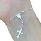Pulseira Mini Terço Prata 925 Legítima Feminina Bolinha Cruz