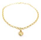 Pulseira Portuguesa de Ouro 18k com Berloque Pingente Coração Bracelete Elo Português Feminina