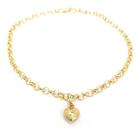 Pulseira Portuguesa de Ouro 18k com Berloque Pingente Coração Bracelete Elo Português Feminina