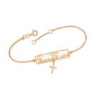 Pulseira rommanel feminina banhado ouro 18k com frase porque ele vive e cruz 552176
