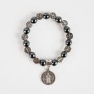 Pulseira São Bento Pedras Hematitas Medalha e Silicone