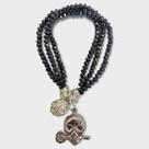 Pulseira tripla pingente Cranio com rosa cristal cor grafite e silicone