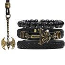 Pulseiras Masculinas Couro LEÃO PRETO Kit C / 03 + Colar Machado Viking