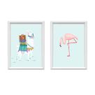QADR59-Kit 2 Quadros Decorativos Lhama e Flamingo 34x44cm