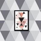 Quadro Abstrato Geométrico Triângulos Cinza, Preto e Rosa I 24x18cm