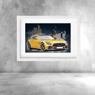 Quadro Aquarela Carro Esportivo Amarelo - 60x48cm