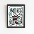 Quadro Barbearia Barber Retro Azul Moldura Preta 60x40cm