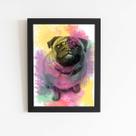 Quadro Cachorro Cão Pug Tinta Aquarela Moldura 60x40cm