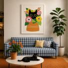Quadro Canvas Black Cat Flowers Art 70x50cm Mold Preta