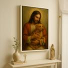 Quadro Canvas Jesus Com Cachorro Caramelo 70x50 Mold Branca