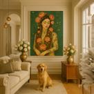 Quadro Canvas Mulher Ruiva Vintage Flores 90x60 Mold Preta
