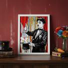 Quadro Charlie Chaplin Fazendo Mágica 45x34cm Mold Preta Vidro Quadro Charlie Chaplin Fazendo Mágica 45x34cm Mold Preta Vidro