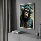 Quadro com Moldura 130x90 Macaco Rapper Fone Decorativo Grande Sala Quarto Hall Cor:Moldura Madeira
