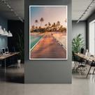 Quadro com Moldura 90x60 Paisagem Pier Coqueiros Praia Caribe Decorativo Grande Sala Quarto Hall