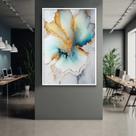 Quadro com Moldura Abstrato Mármore Moderno Azul Dourado Decorativo Grande Sala Quarto Hall Escritório Cozinha Vertical