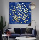 Quadro Com Moldura Decorativo Grande Alta Resolução Para Sala Quarto Escritório Abstrata Borboletas Dourada Fundo Azul