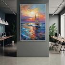 Quadro com Moldura Decorativo Para Sala Quarto Hall Barco Arte Por do Sol Pintura