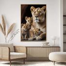 Quadro com Moldura Decorativo Para Sala Quarto Hall Leoa com 3 Filhotes Savana Cor:MOLDURA MADEIRATamanho:90 X 60 X 3 C