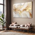 Quadro com Moldura e Acrilico Cristal Vidro Sala Quarto Abstrato Dourado Branco Mármore Decorativo Horizontal Grande Ha