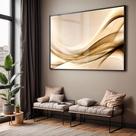 Quadro com Moldura e Acrilico Cristal Vidro Sala Quarto Abstrato Dourado Decorativo Horizontal Grande Hall
